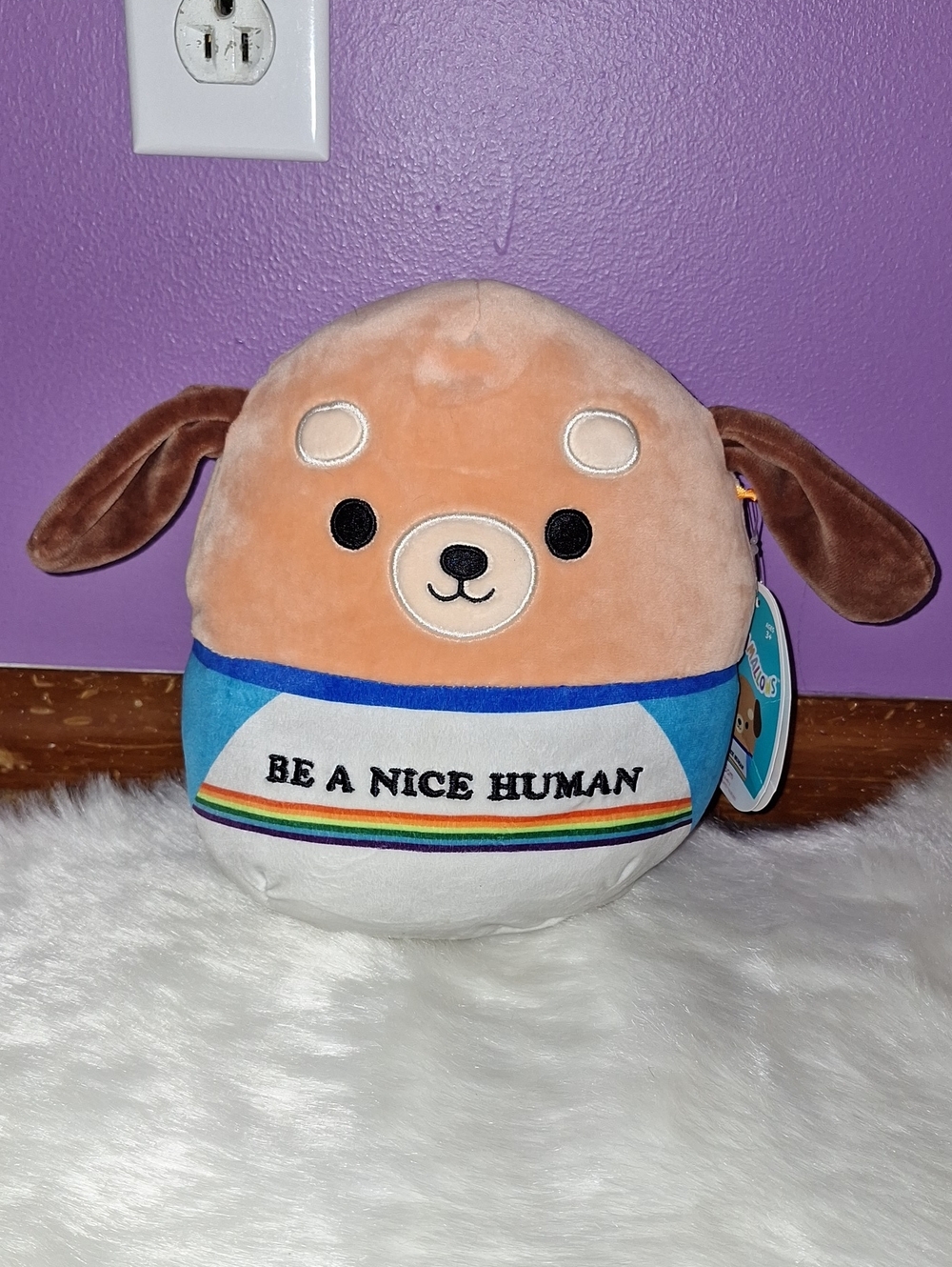 Squishmallows Peach Dog Sam Plush with Blue Rainbow Band NWT 8 Inches